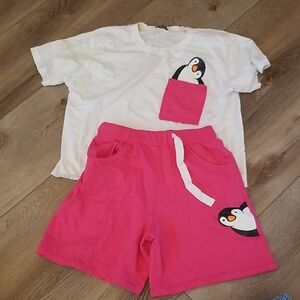 Offer Pink Tshirt Short Set W Penguin Print